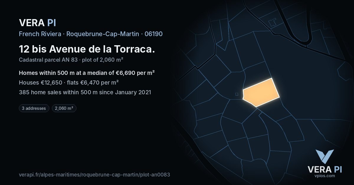 12 bis Avenue de la Torraca, Roquebrune-Cap-Martin at night – the plot lit, the parcels around coloured by the prices near them