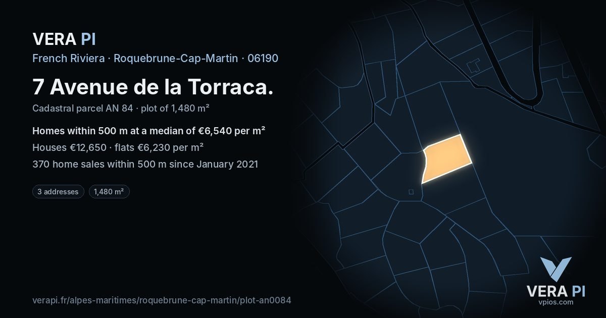 7 Avenue de la Torraca, Roquebrune-Cap-Martin at night – the plot lit, the parcels around coloured by the prices near them