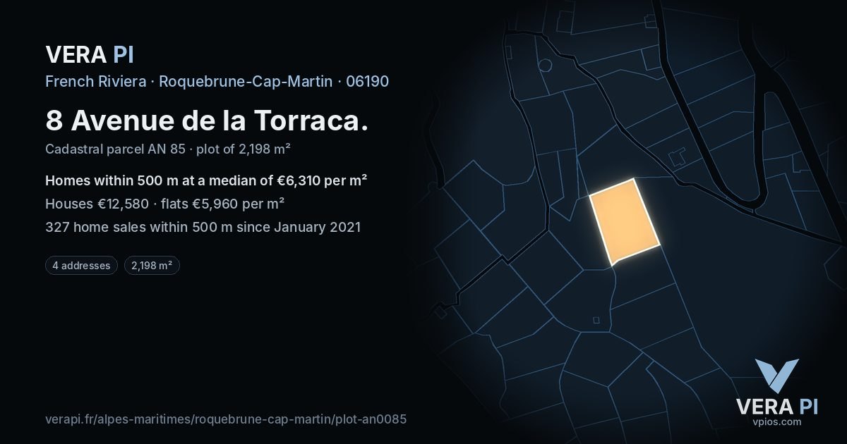 8 Avenue de la Torraca, Roquebrune-Cap-Martin at night – the plot lit, the parcels around coloured by the prices near them