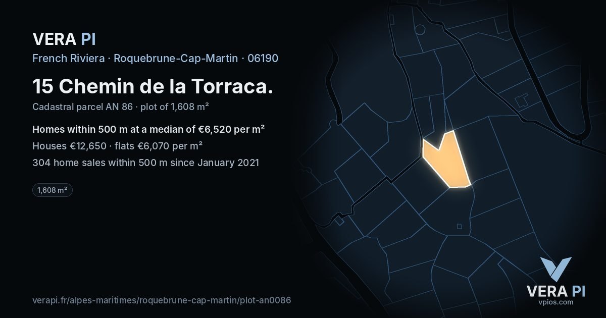 15 Chemin de la Torraca, Roquebrune-Cap-Martin at night – the plot lit, the parcels around coloured by the prices near them