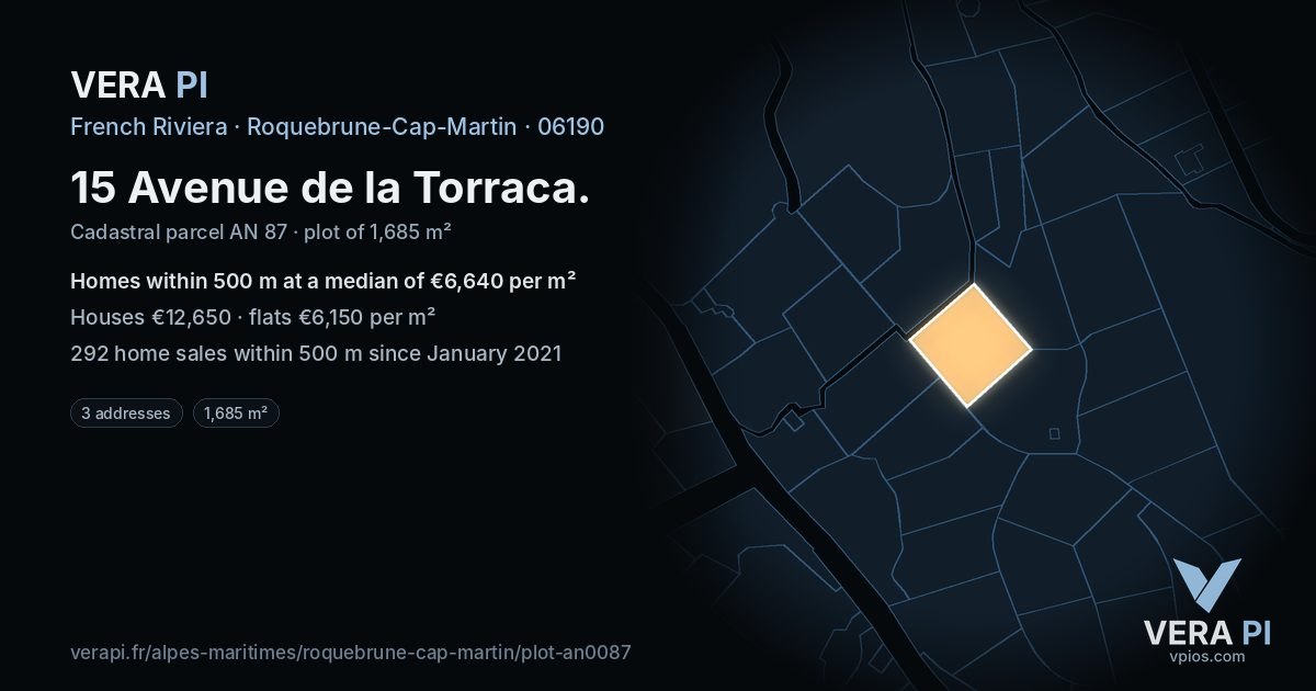 15 Avenue de la Torraca, Roquebrune-Cap-Martin at night – the plot lit, the parcels around coloured by the prices near them
