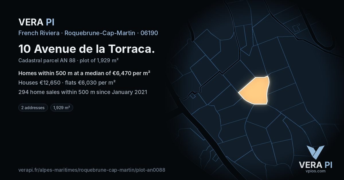 10 Avenue de la Torraca, Roquebrune-Cap-Martin at night – the plot lit, the parcels around coloured by the prices near them