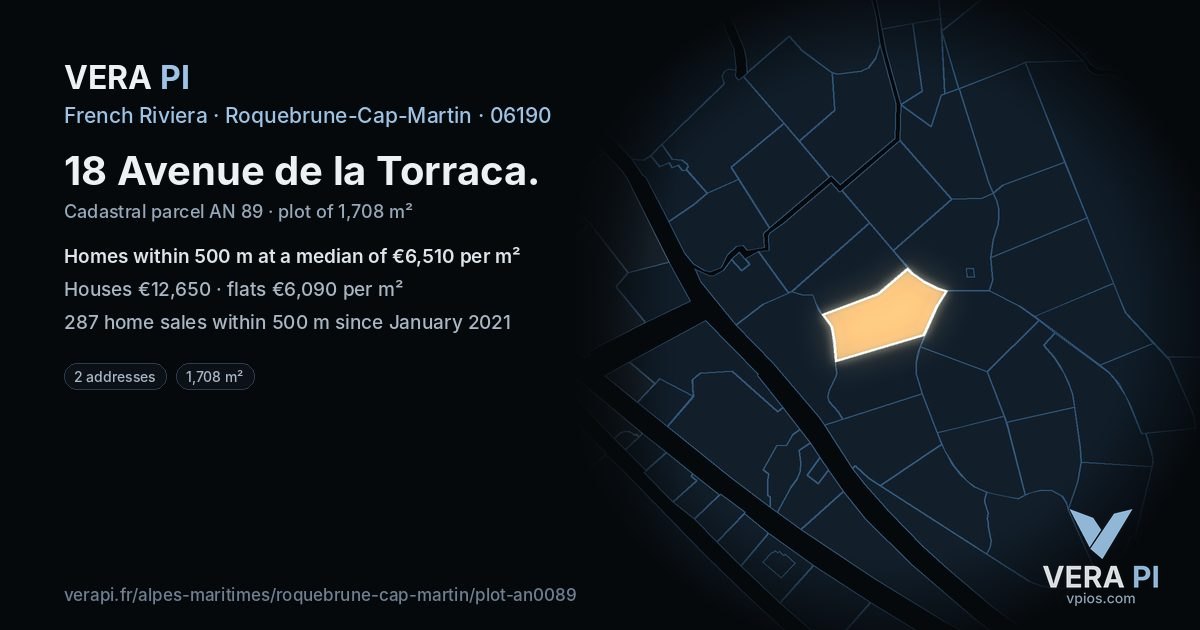 18 Avenue de la Torraca, Roquebrune-Cap-Martin at night – the plot lit, the parcels around coloured by the prices near them
