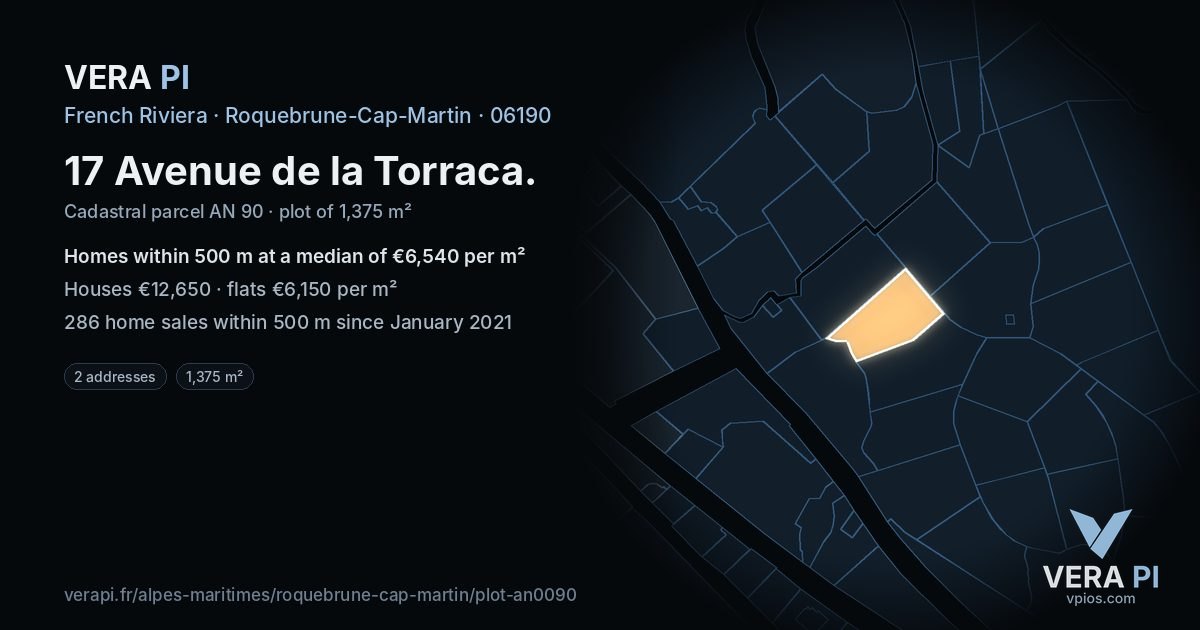 17 Avenue de la Torraca, Roquebrune-Cap-Martin at night – the plot lit, the parcels around coloured by the prices near them