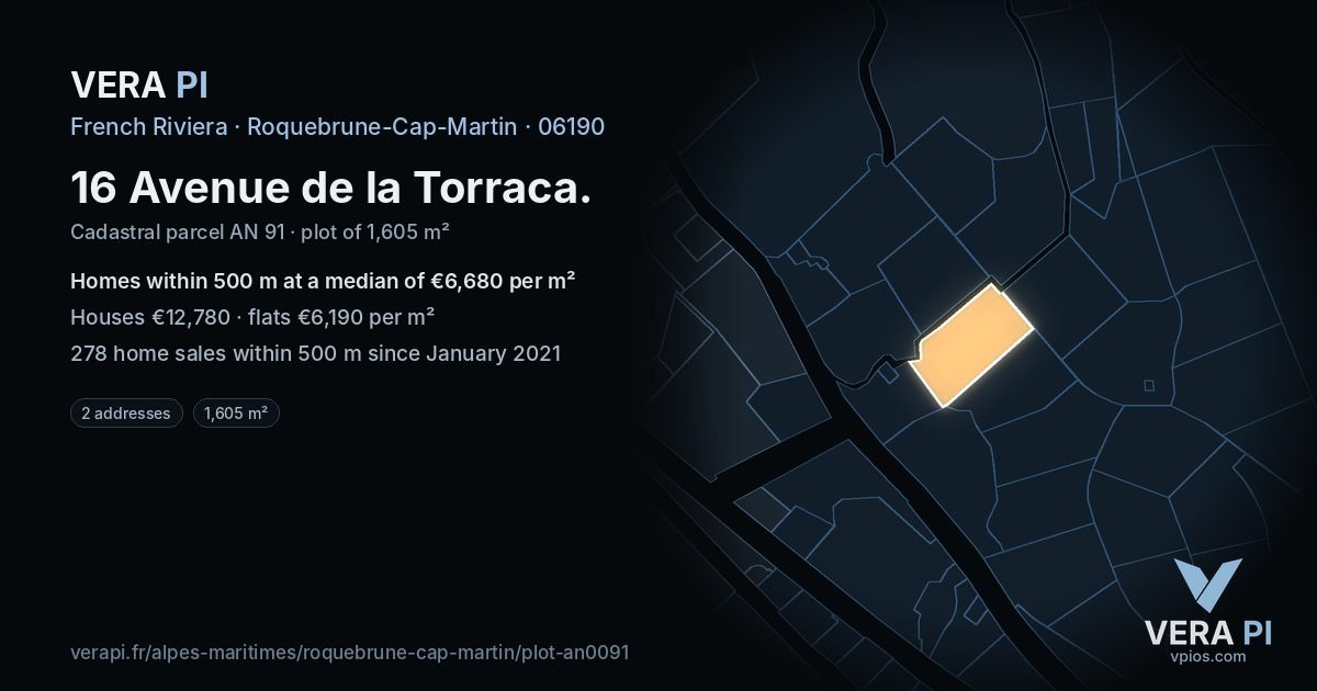 16 Avenue de la Torraca, Roquebrune-Cap-Martin at night – the plot lit, the parcels around coloured by the prices near them