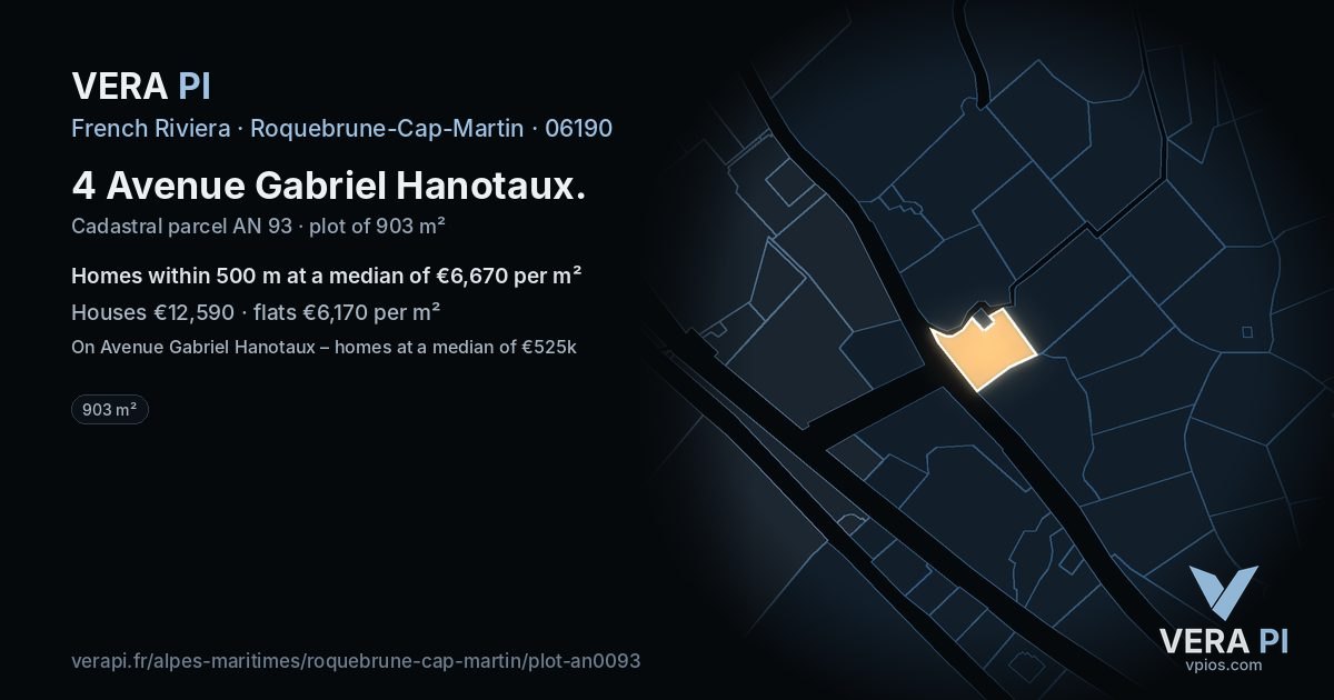 4 Avenue Gabriel Hanotaux, Roquebrune-Cap-Martin at night – the plot lit, the parcels around coloured by the prices near them