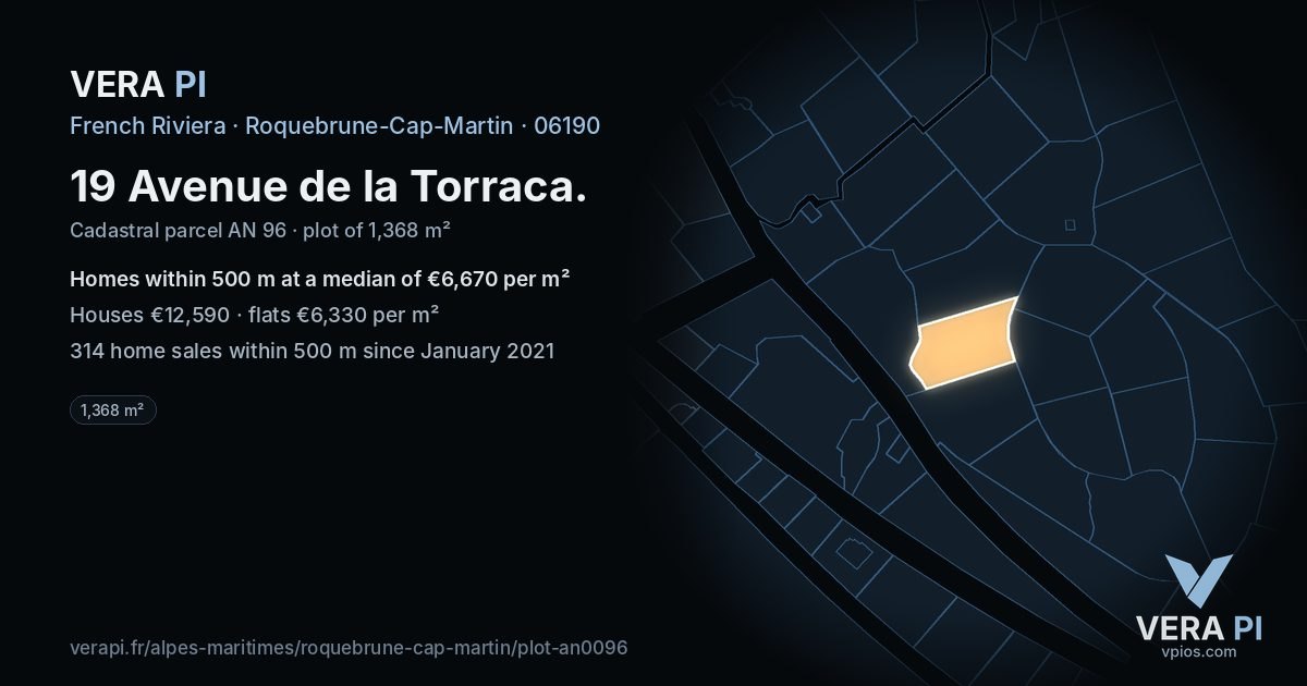 19 Avenue de la Torraca, Roquebrune-Cap-Martin at night – the plot lit, the parcels around coloured by the prices near them