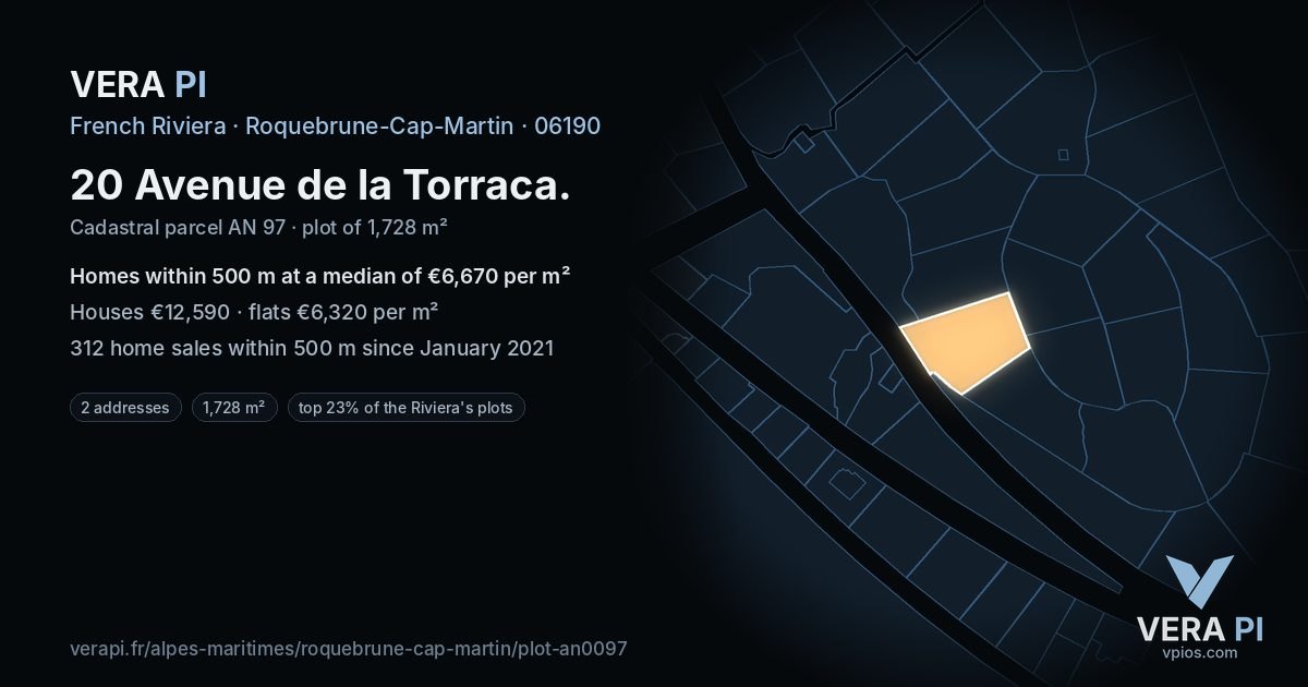 20 Avenue de la Torraca, Roquebrune-Cap-Martin at night – the plot lit, the parcels around coloured by the prices near them