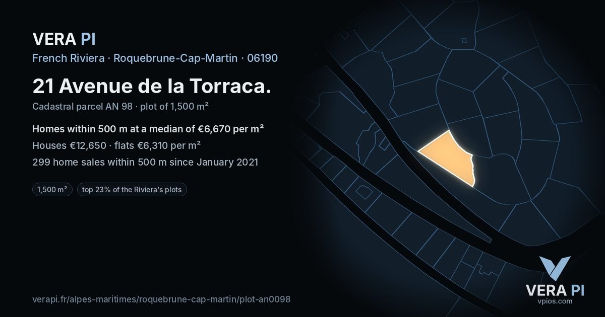 21 Avenue de la Torraca, Roquebrune-Cap-Martin at night – the plot lit, the parcels around coloured by the prices near them