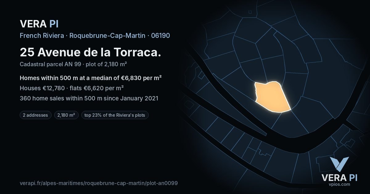 25 Avenue de la Torraca, Roquebrune-Cap-Martin at night – the plot lit, the parcels around coloured by the prices near them