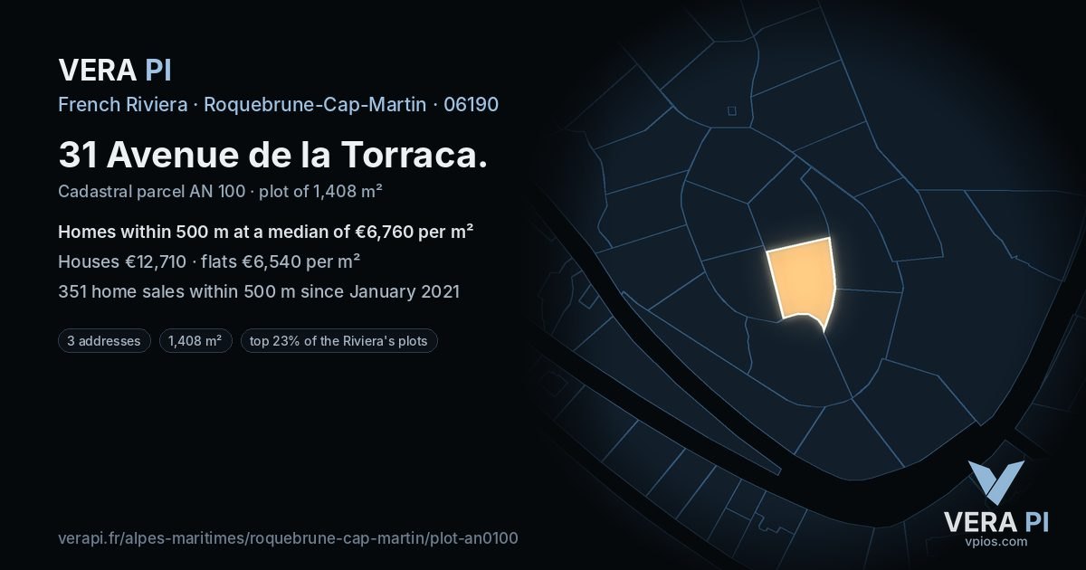 31 Avenue de la Torraca, Roquebrune-Cap-Martin at night – the plot lit, the parcels around coloured by the prices near them
