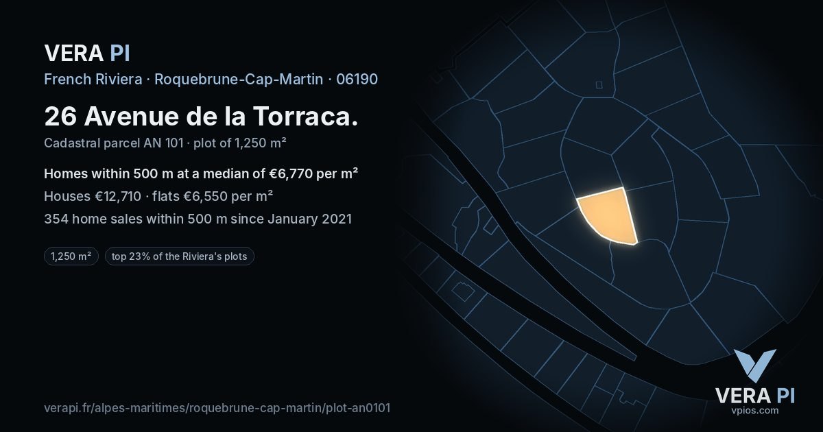 26 Avenue de la Torraca, Roquebrune-Cap-Martin at night – the plot lit, the parcels around coloured by the prices near them