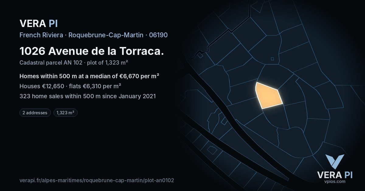 1026 Avenue de la Torraca, Roquebrune-Cap-Martin at night – the plot lit, the parcels around coloured by the prices near them