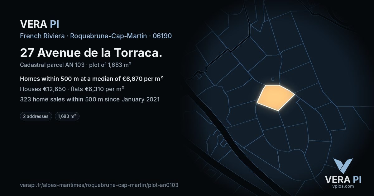 27 Avenue de la Torraca, Roquebrune-Cap-Martin at night – the plot lit, the parcels around coloured by the prices near them