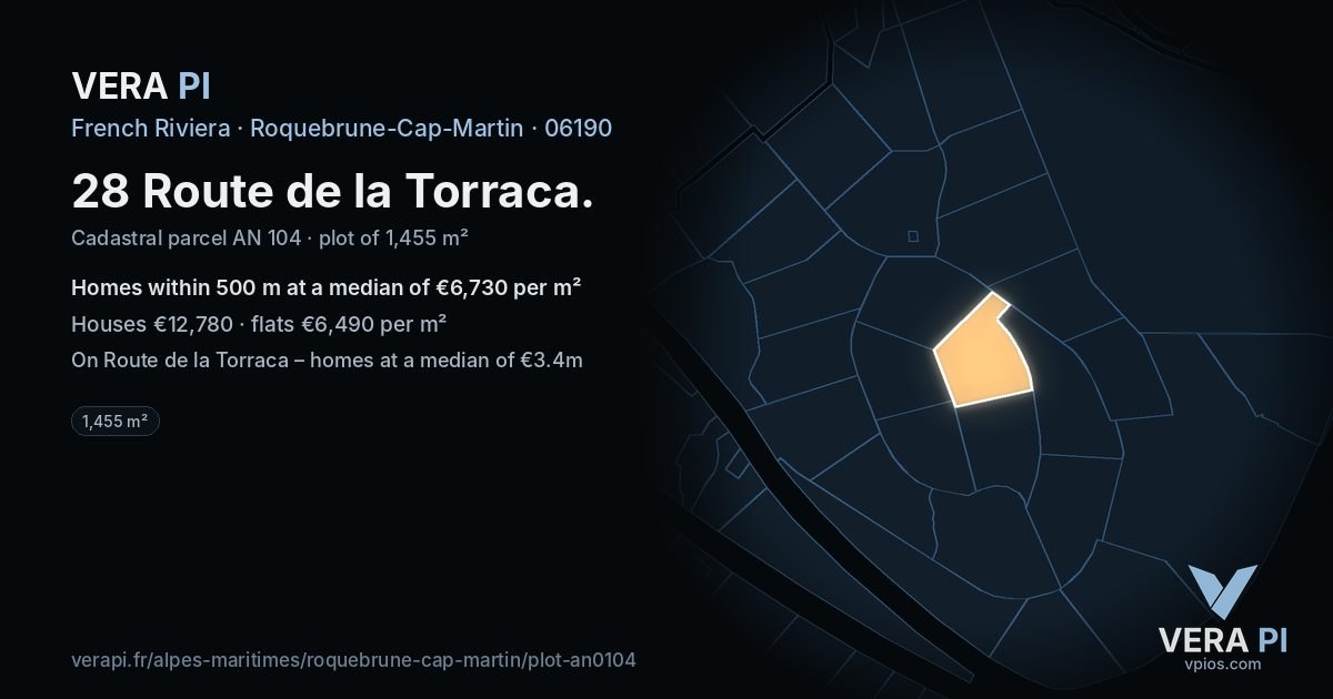 28 Route de la Torraca, Roquebrune-Cap-Martin at night – the plot lit, the parcels around coloured by the prices near them