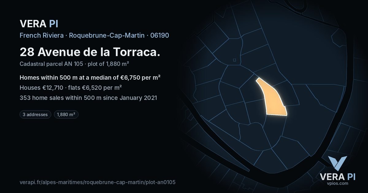 28 Avenue de la Torraca, Roquebrune-Cap-Martin at night – the plot lit, the parcels around coloured by the prices near them