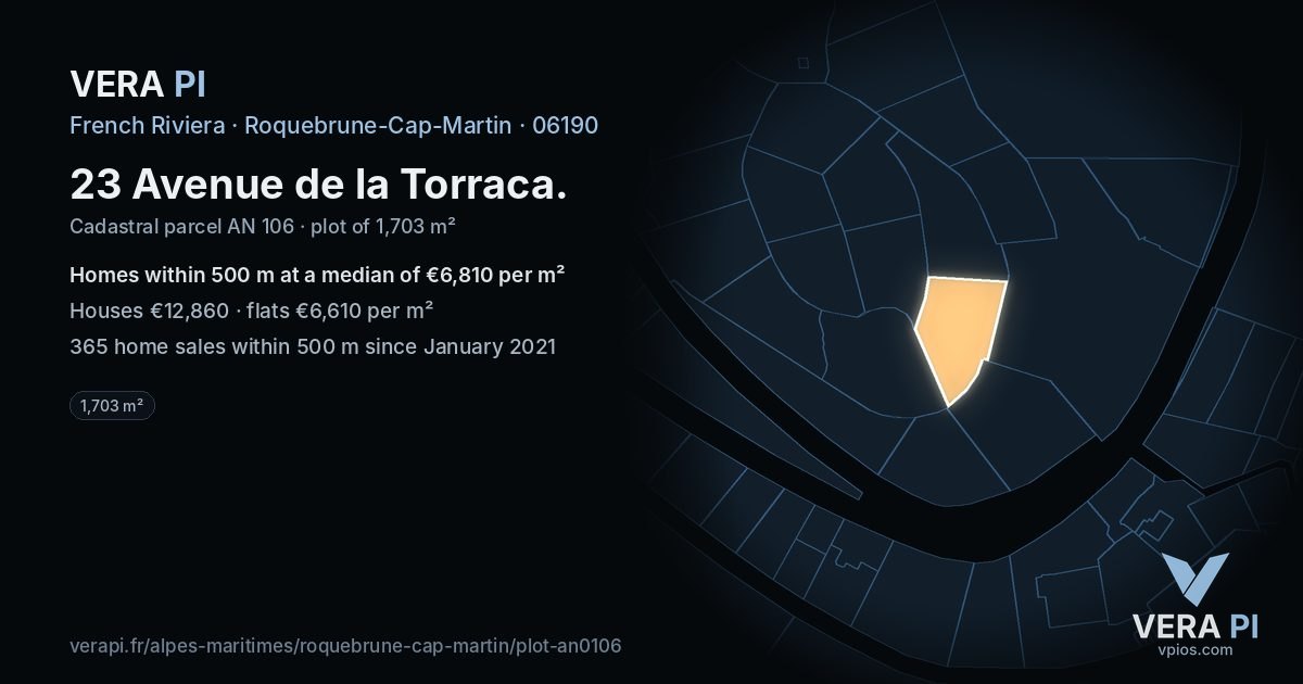 23 Avenue de la Torraca, Roquebrune-Cap-Martin at night – the plot lit, the parcels around coloured by the prices near them