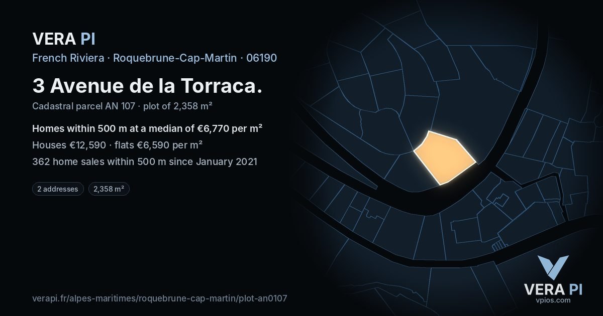 3 Avenue de la Torraca, Roquebrune-Cap-Martin at night – the plot lit, the parcels around coloured by the prices near them
