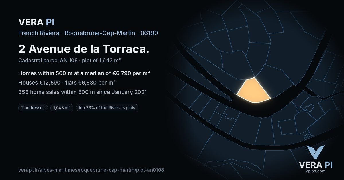 2 Avenue de la Torraca, Roquebrune-Cap-Martin at night – the plot lit, the parcels around coloured by the prices near them
