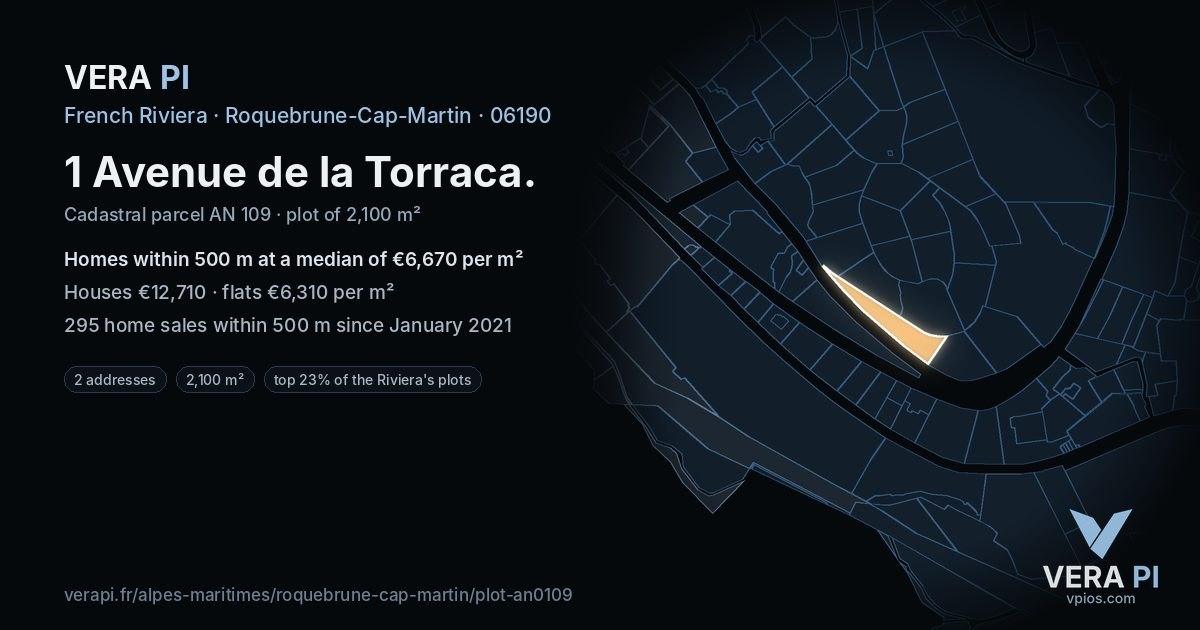 1 Avenue de la Torraca, Roquebrune-Cap-Martin at night – the plot lit, the parcels around coloured by the prices near them