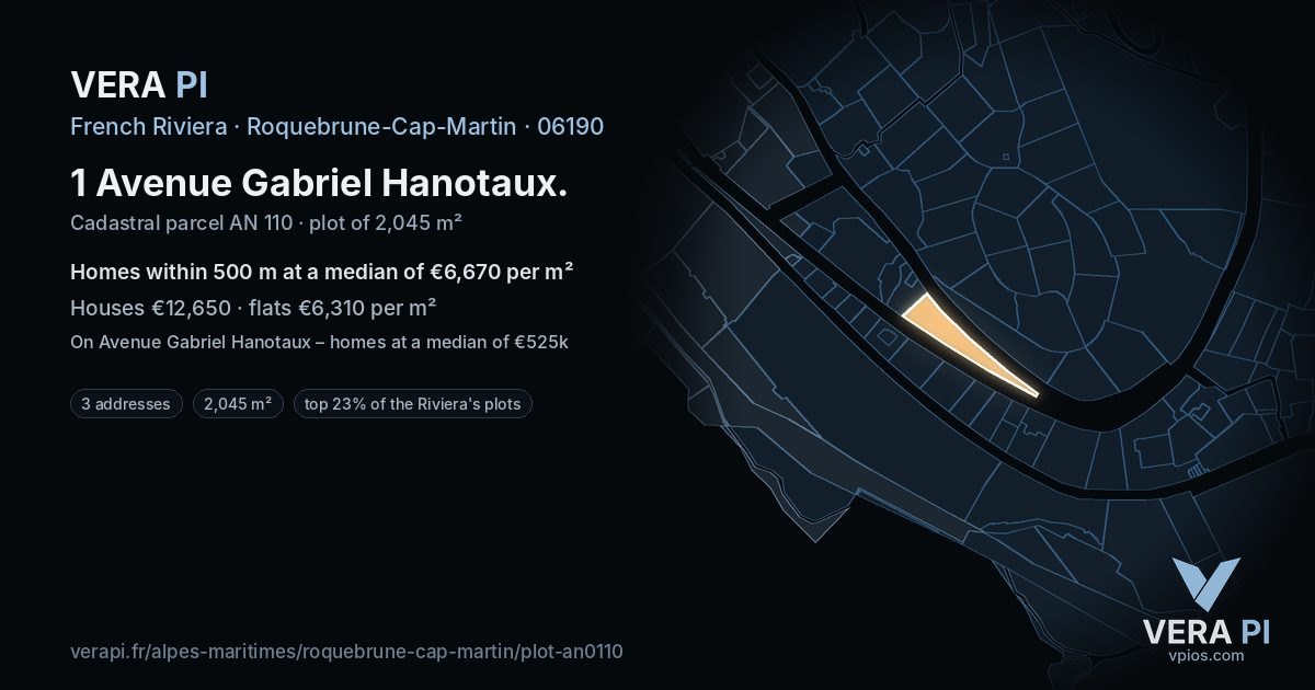1 Avenue Gabriel Hanotaux, Roquebrune-Cap-Martin at night – the plot lit, the parcels around coloured by the prices near them