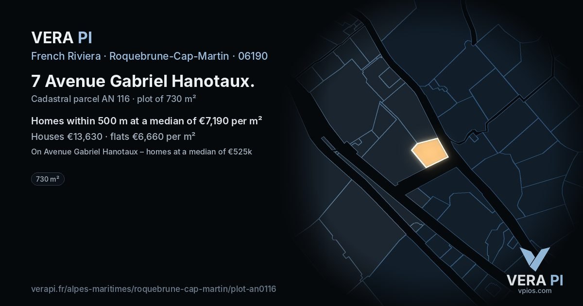 7 Avenue Gabriel Hanotaux, Roquebrune-Cap-Martin at night – the plot lit, the parcels around coloured by the prices near them