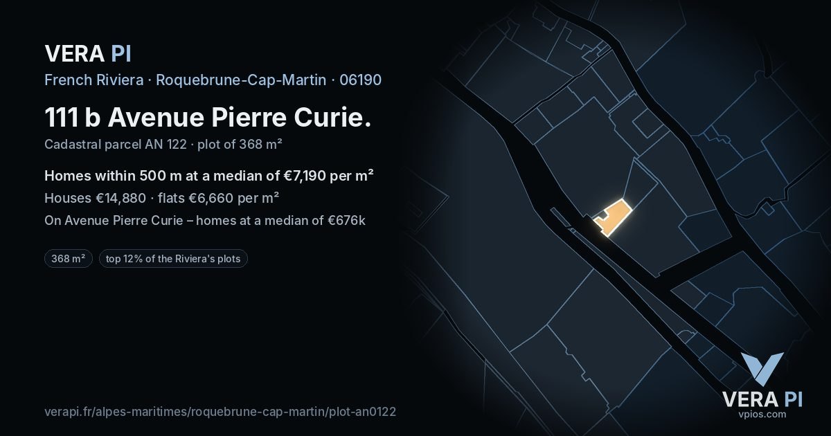 111 b Avenue Pierre Curie, Roquebrune-Cap-Martin at night – the plot lit, the parcels around coloured by the prices near them