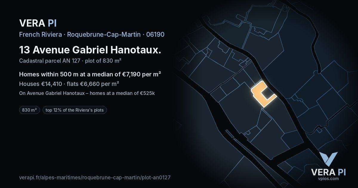 13 Avenue Gabriel Hanotaux, Roquebrune-Cap-Martin at night – the plot lit, the parcels around coloured by the prices near them