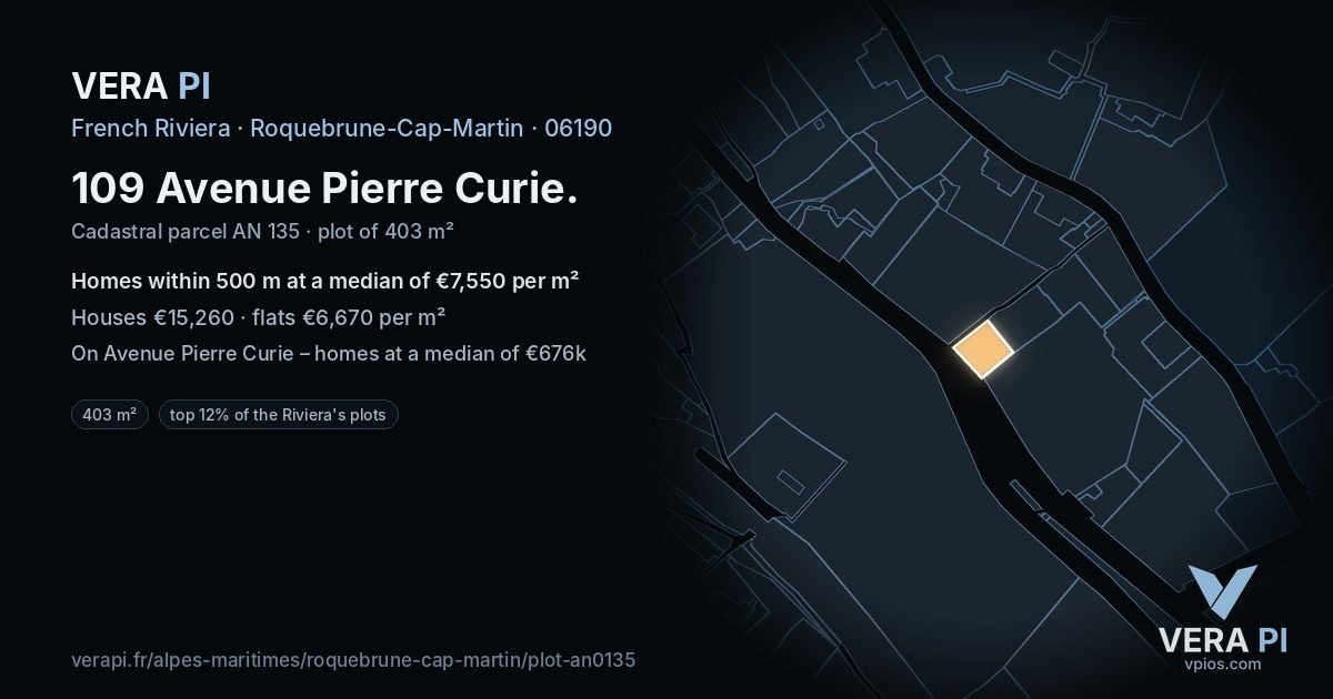 109 Avenue Pierre Curie, Roquebrune-Cap-Martin at night – the plot lit, the parcels around coloured by the prices near them