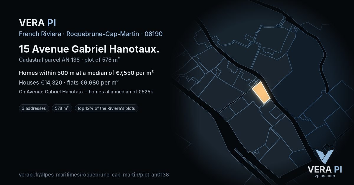 15 Avenue Gabriel Hanotaux, Roquebrune-Cap-Martin at night – the plot lit, the parcels around coloured by the prices near them