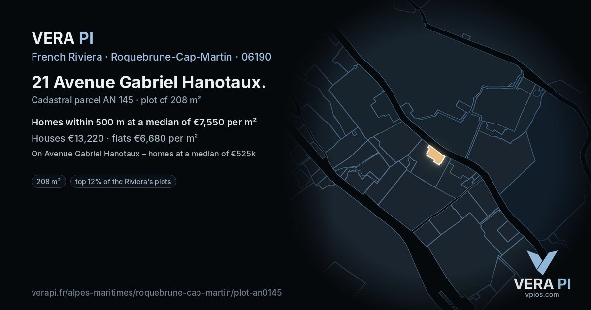 21 Avenue Gabriel Hanotaux, Roquebrune-Cap-Martin at night – the plot lit, the parcels around coloured by the prices near them