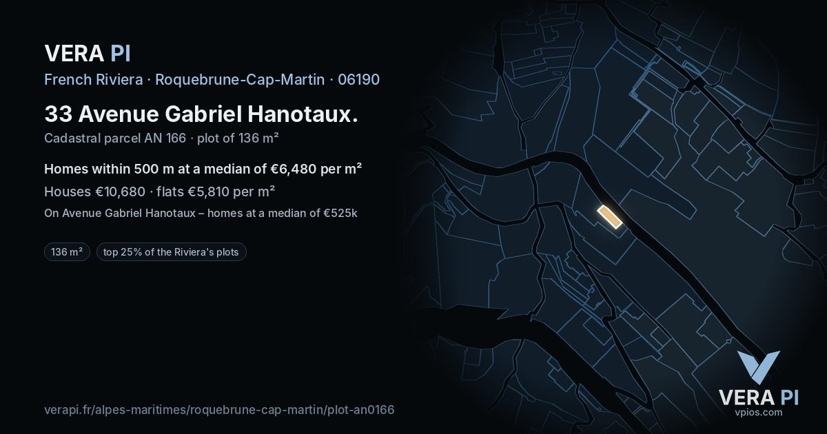 33 Avenue Gabriel Hanotaux, Roquebrune-Cap-Martin at night – the plot lit, the parcels around coloured by the prices near them