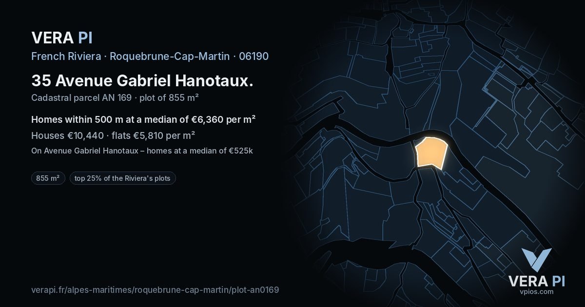 35 Avenue Gabriel Hanotaux, Roquebrune-Cap-Martin at night – the plot lit, the parcels around coloured by the prices near them
