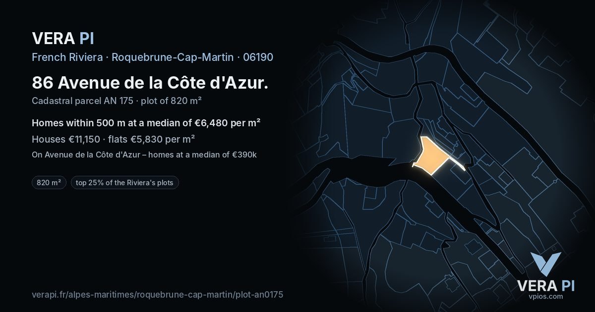 86 Avenue de la Côte d'Azur, Roquebrune-Cap-Martin at night – the plot lit, the parcels around coloured by the prices near them