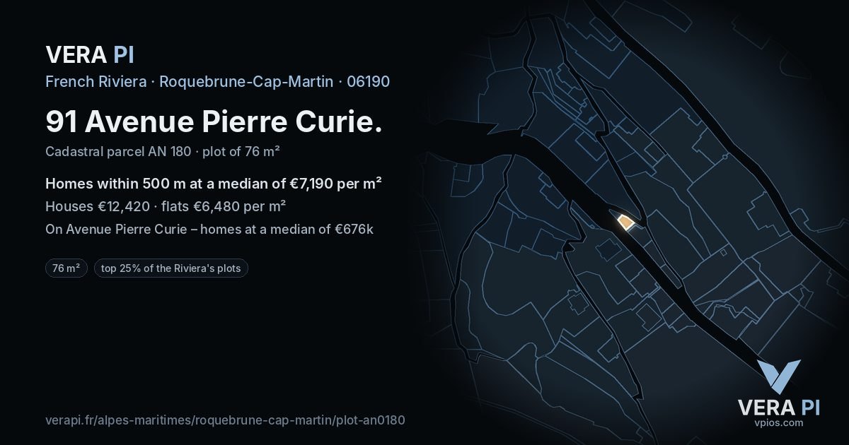 91 Avenue Pierre Curie, Roquebrune-Cap-Martin at night – the plot lit, the parcels around coloured by the prices near them