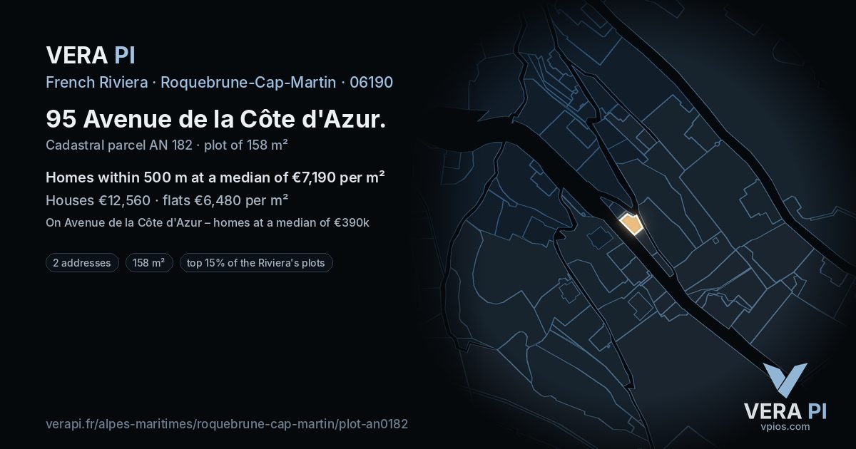 95 Avenue de la Côte d'Azur, Roquebrune-Cap-Martin at night – the plot lit, the parcels around coloured by the prices near them