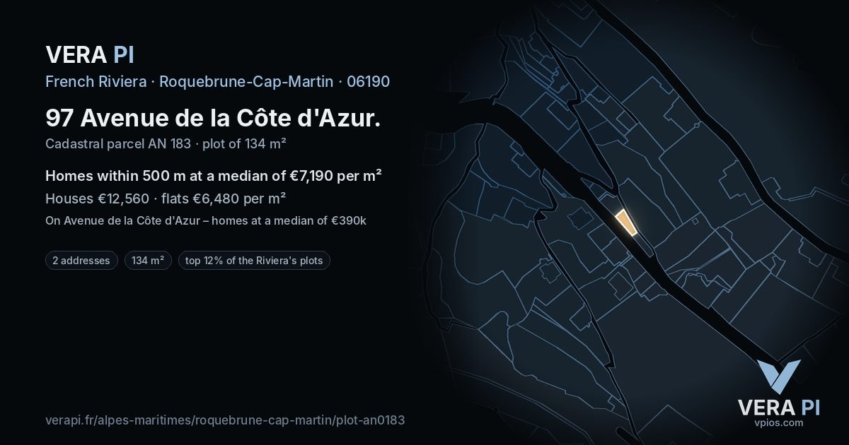 97 Avenue de la Côte d'Azur, Roquebrune-Cap-Martin at night – the plot lit, the parcels around coloured by the prices near them