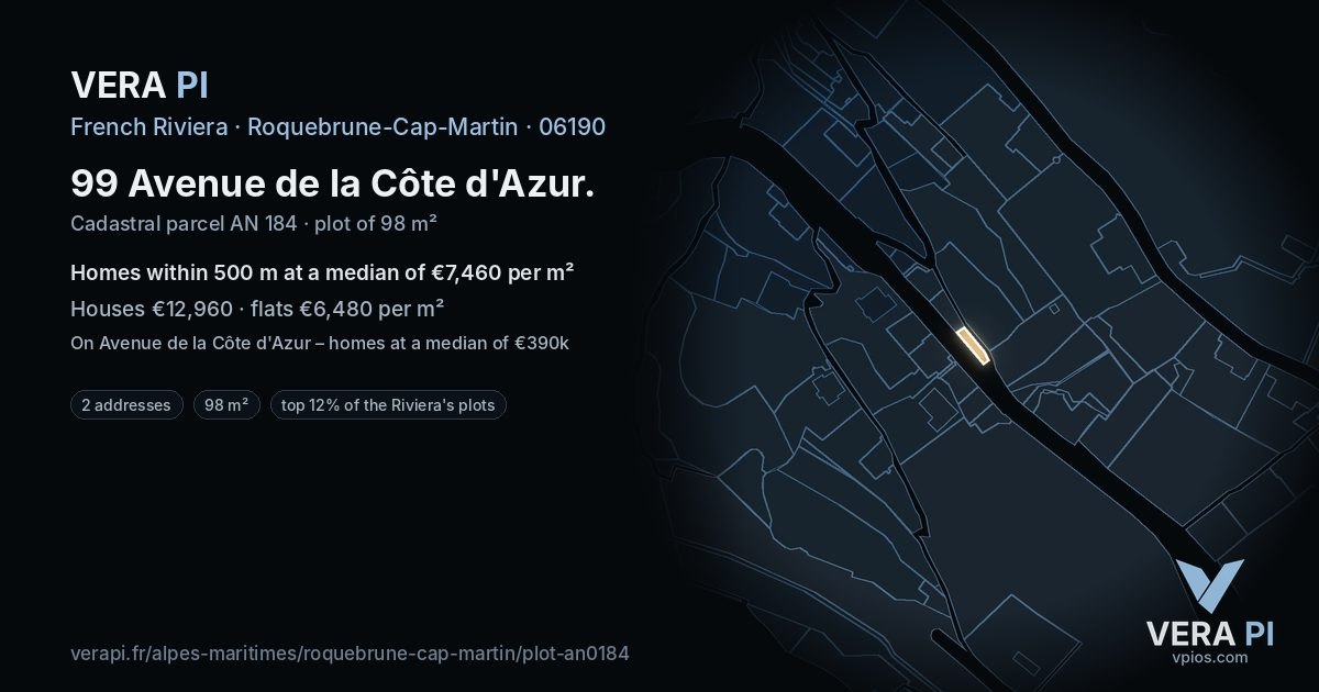 99 Avenue de la Côte d'Azur, Roquebrune-Cap-Martin at night – the plot lit, the parcels around coloured by the prices near them