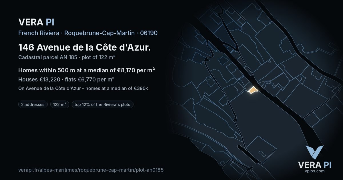 146 Avenue de la Côte d'Azur, Roquebrune-Cap-Martin at night – the plot lit, the parcels around coloured by the prices near them