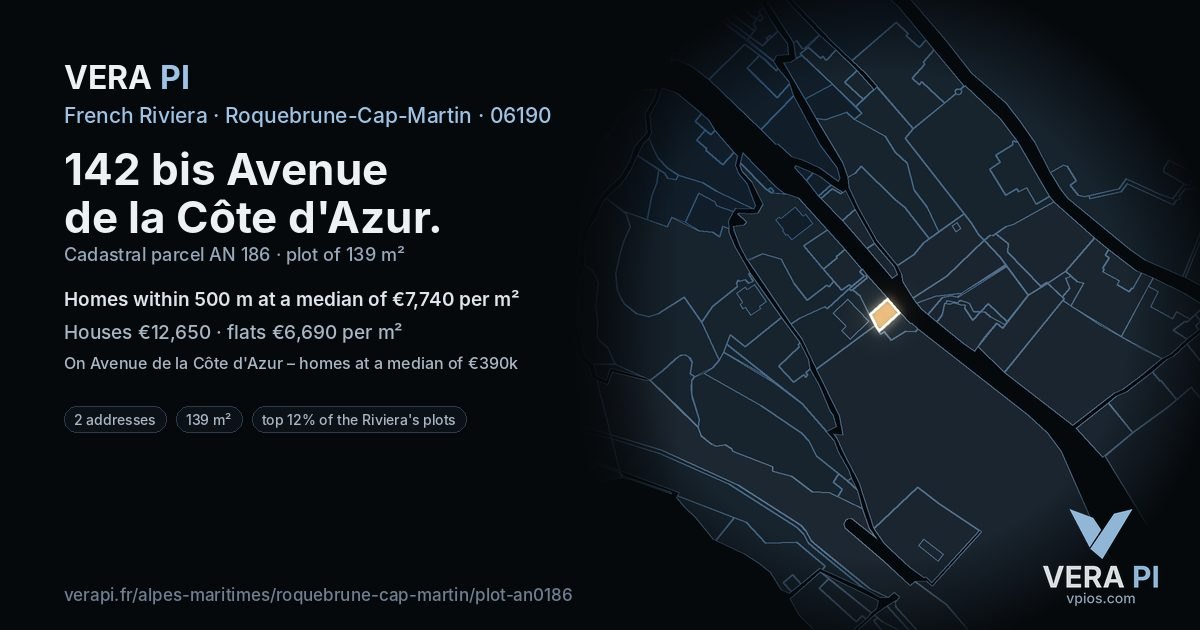 142 bis Avenue de la Côte d'Azur, Roquebrune-Cap-Martin at night – the plot lit, the parcels around coloured by the prices near them
