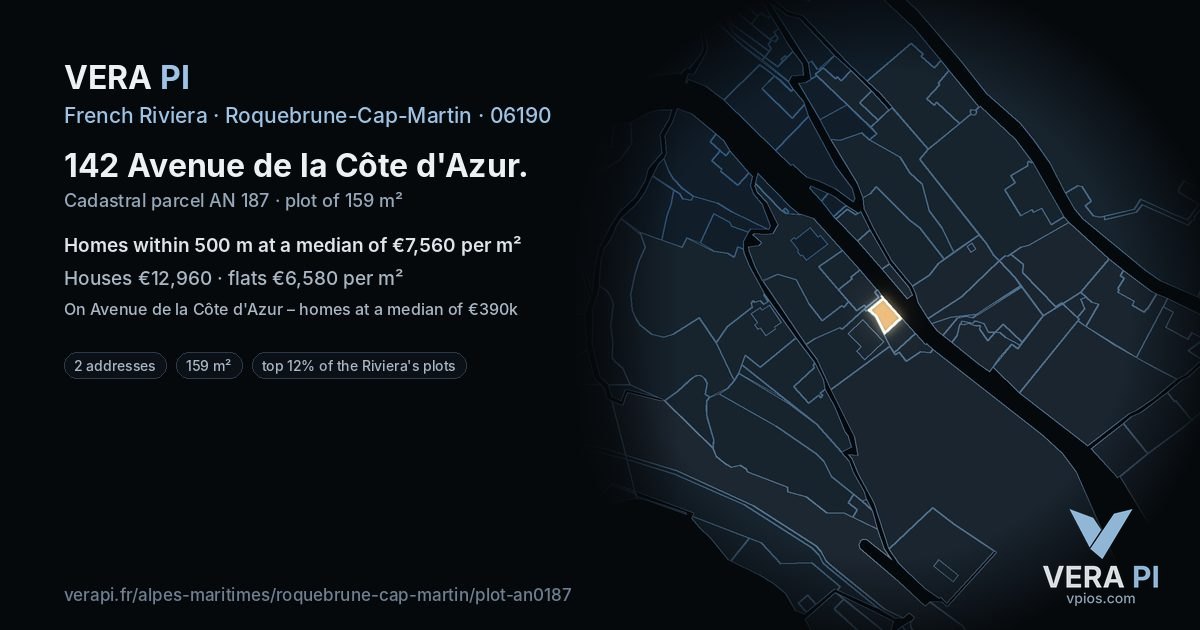 142 Avenue de la Côte d'Azur, Roquebrune-Cap-Martin at night – the plot lit, the parcels around coloured by the prices near them