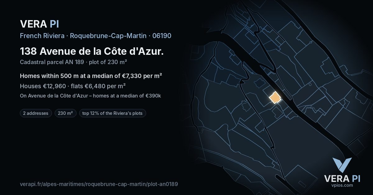 138 Avenue de la Côte d'Azur, Roquebrune-Cap-Martin at night – the plot lit, the parcels around coloured by the prices near them