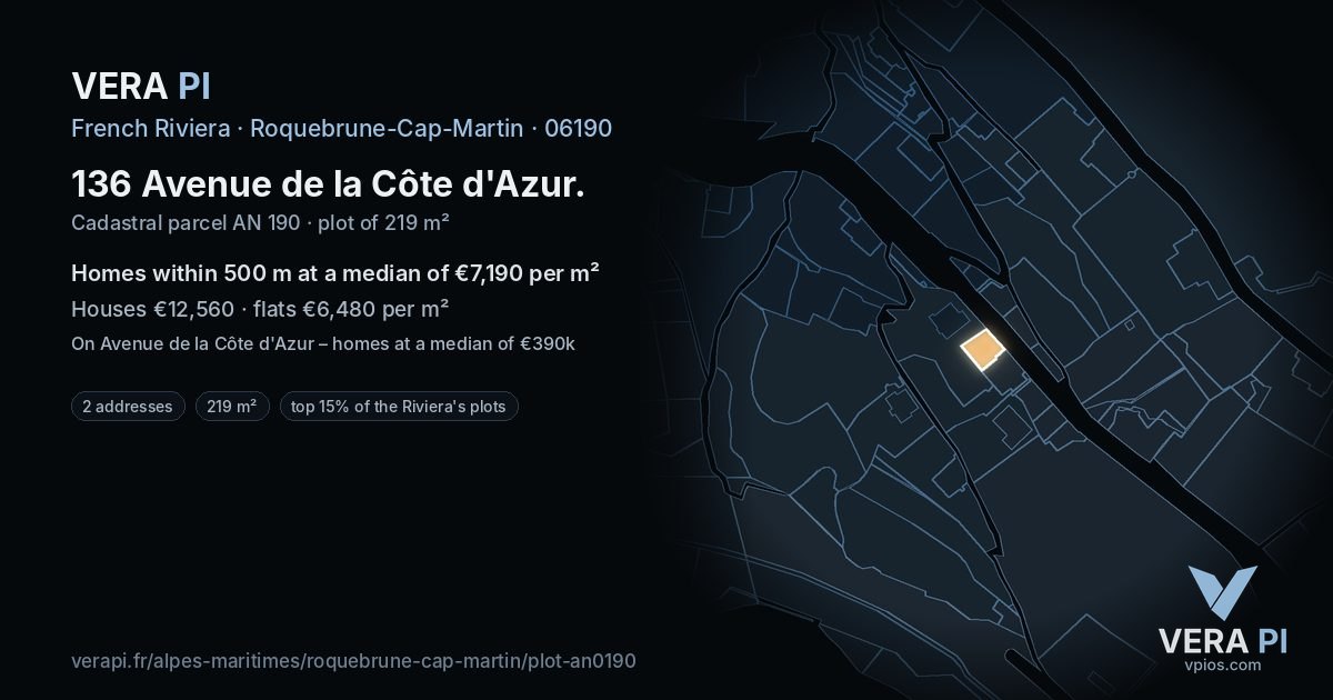 136 Avenue de la Côte d'Azur, Roquebrune-Cap-Martin at night – the plot lit, the parcels around coloured by the prices near them