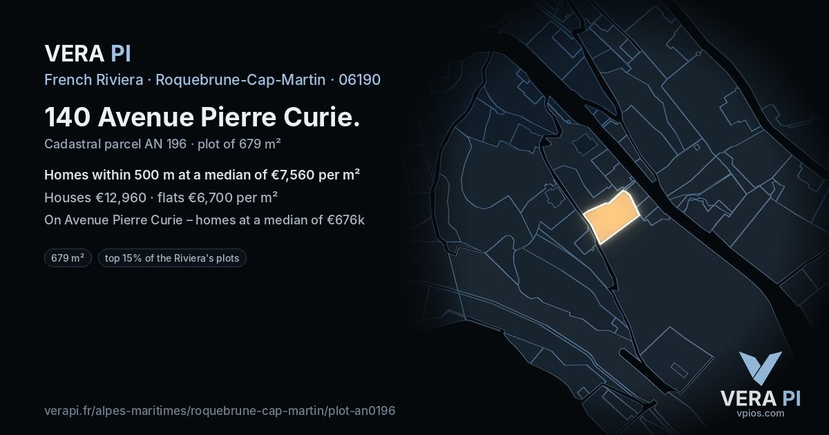 140 Avenue Pierre Curie, Roquebrune-Cap-Martin at night – the plot lit, the parcels around coloured by the prices near them