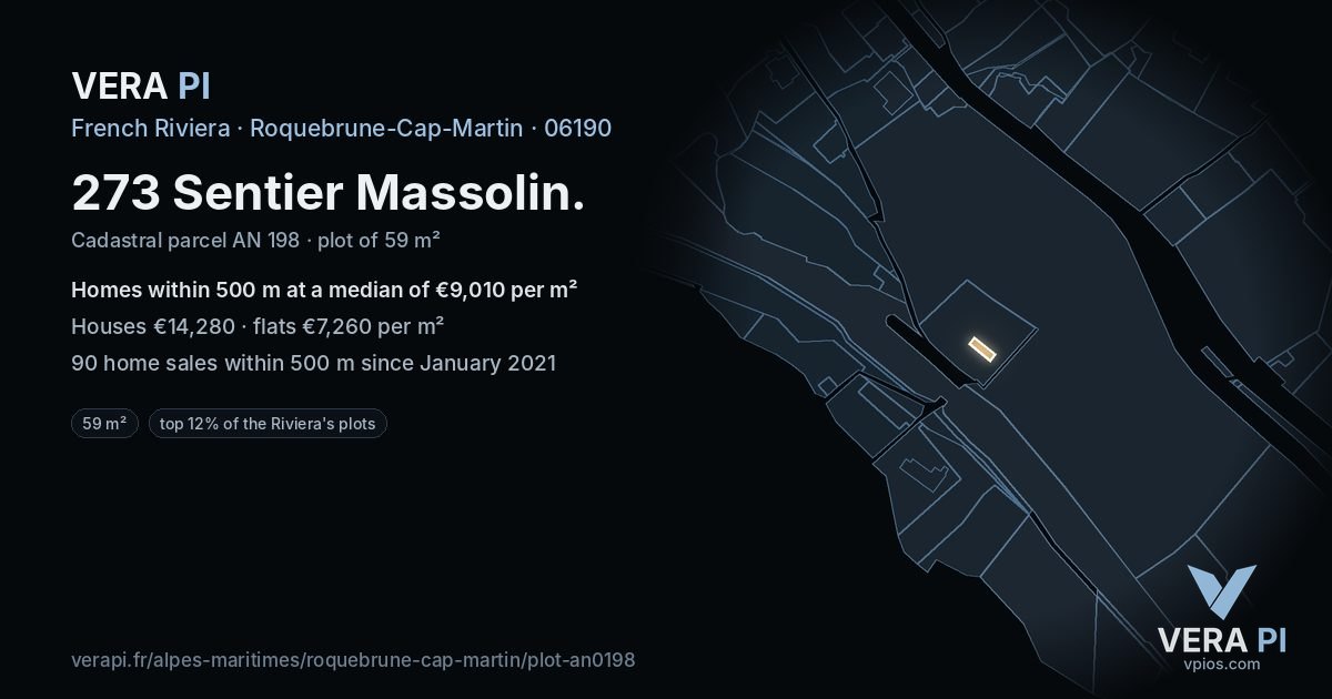 273 Sentier Massolin, Roquebrune-Cap-Martin at night – the plot lit, the parcels around coloured by the prices near them