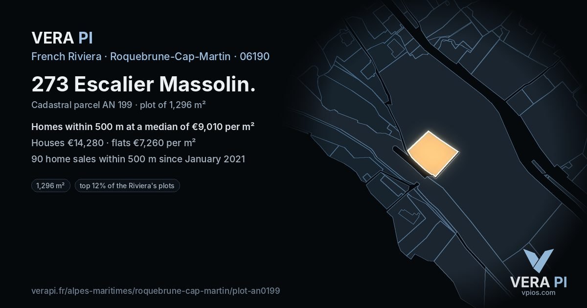 273 Escalier Massolin, Roquebrune-Cap-Martin at night – the plot lit, the parcels around coloured by the prices near them