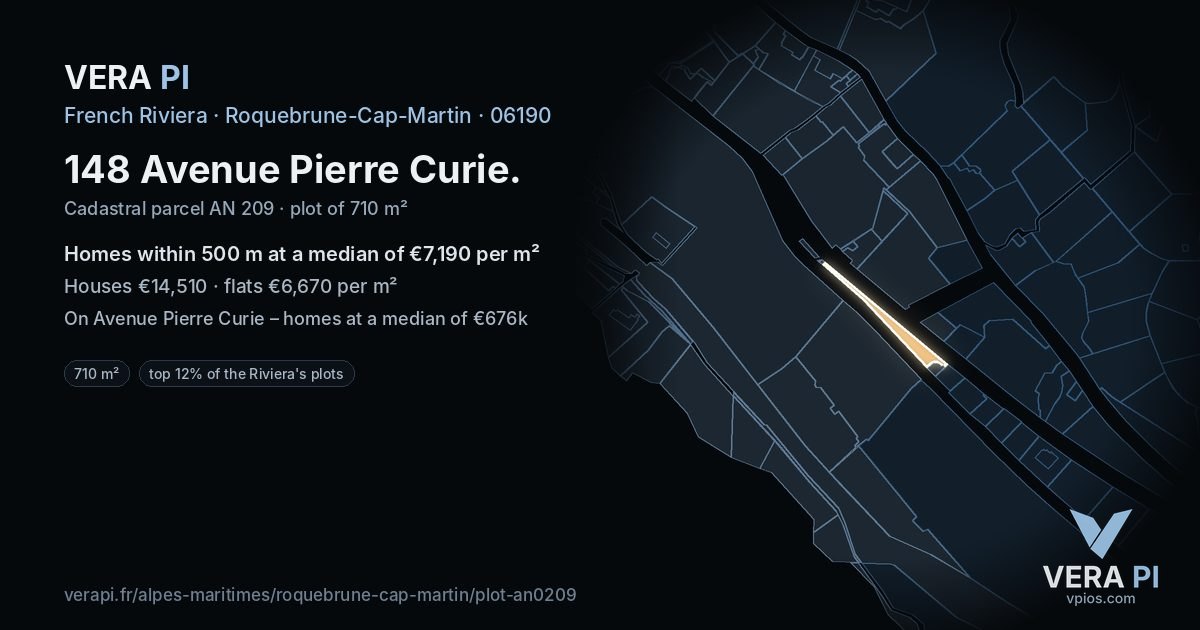 148 Avenue Pierre Curie, Roquebrune-Cap-Martin at night – the plot lit, the parcels around coloured by the prices near them