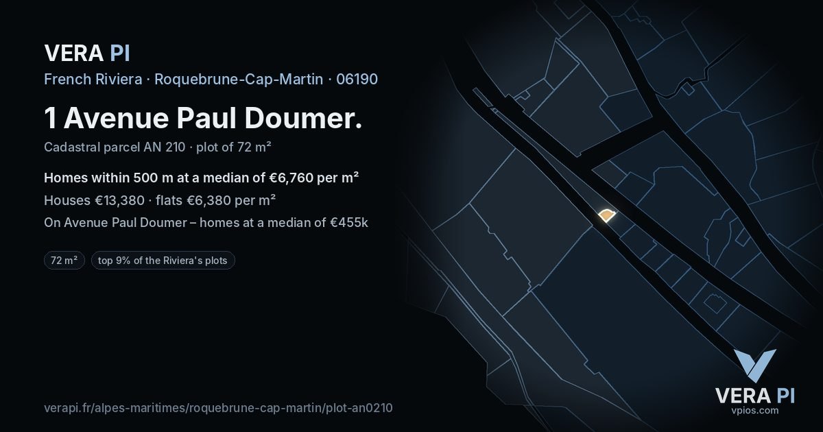 1 Avenue Paul Doumer, Roquebrune-Cap-Martin at night – the plot lit, the parcels around coloured by the prices near them