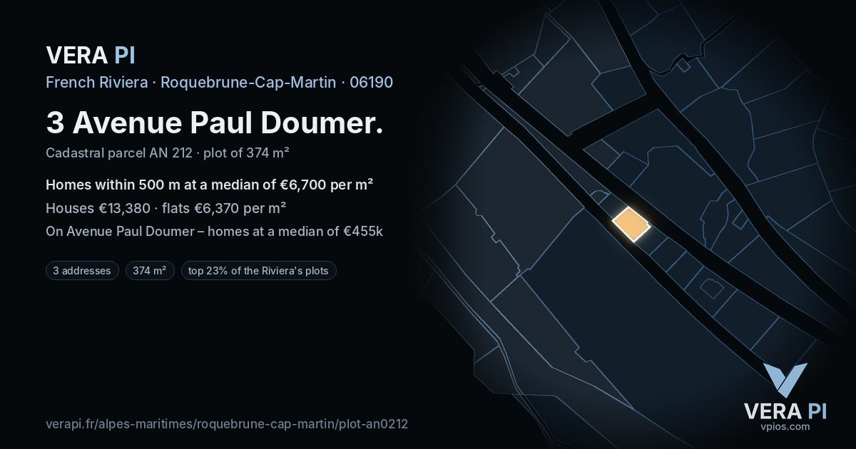 3 Avenue Paul Doumer, Roquebrune-Cap-Martin at night – the plot lit, the parcels around coloured by the prices near them
