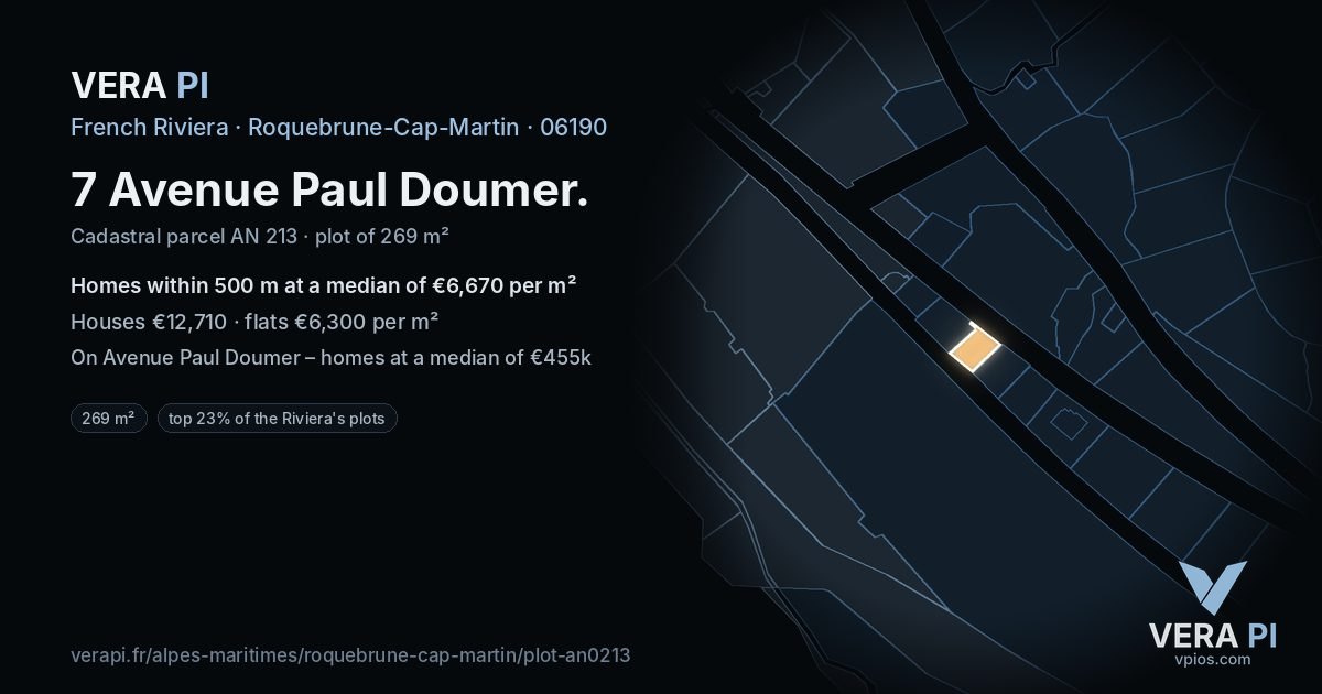7 Avenue Paul Doumer, Roquebrune-Cap-Martin at night – the plot lit, the parcels around coloured by the prices near them